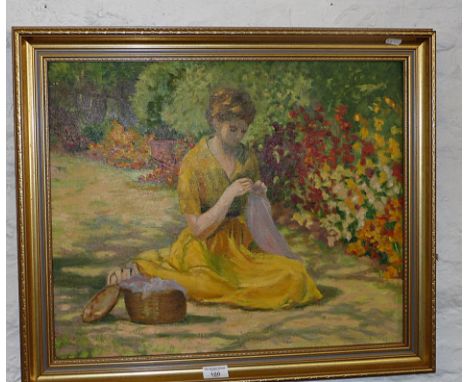 Gilt framed oil on board of a lady in yellow dress sewing in a garden, signed R. Weaver, 21" x 26" inc. frame