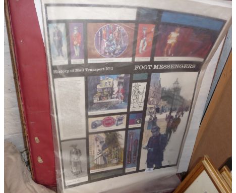 7 vintage 1960s educational posters - History of Mail Transport by Michael Heslop, approx. 30" x 20", together with three lar