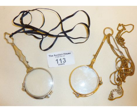 Two pairs of antique lorgnette spectacles, one rolled gold, the other Art Deco (white metal)