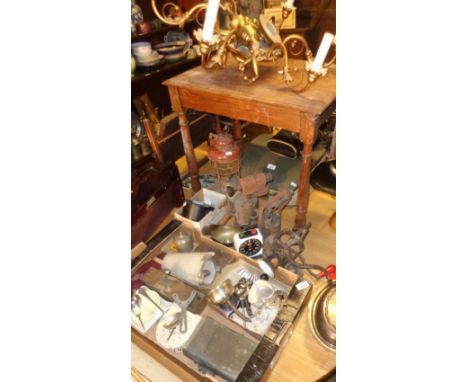 Assorted metalware, inc. mincer, tilley lamp, etc. and a gilt wood chandelier