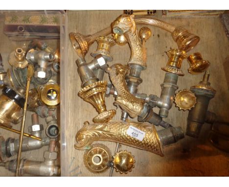 Architectural: Vintage gilt brass dolphin bath and sink taps with shower head and all fittings