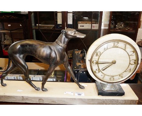 Black marble and onyx Art Deco bronzed greyhound mantle clock