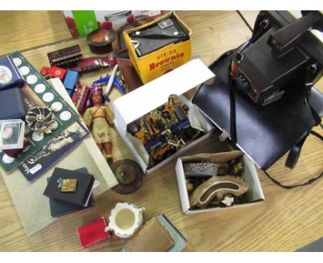 Collection of Wade Whimsey type animals, Brownie Six-20 camera, Polaroid Swinger, Instamatic cameras, diecast model cars, bus