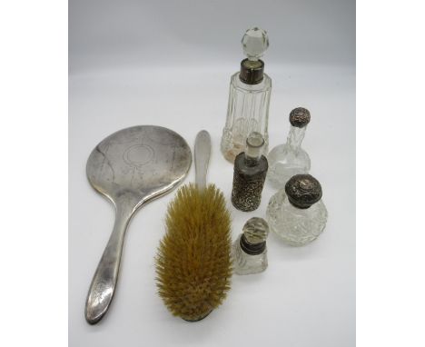 Hallmarked Sterling silver dressing table set of a hair brush and hand mirror with etched back, Birmingham 1913, and collecti
