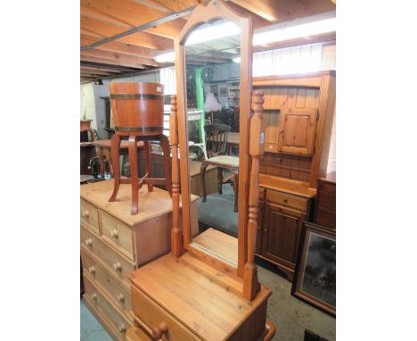 Pine framed cheval mirror, upright plate on rectangular base with single drawer and bun feet H156cm W61cm D41cm and a pine tw