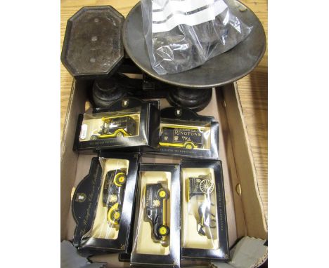 Pair late 19th/early 20th C cast iron 7lb kitchen scales and five Lledo "The Rington's Tea Classic Collection" Diecast model 
