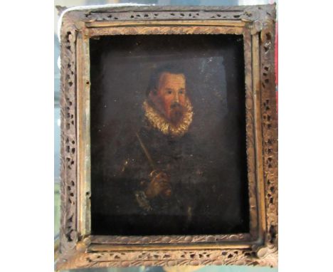 Circa 17th C miniature oil on copper portrait of gentleman with dagger with ruffled collar 10x13cm with ornate brass frame 
