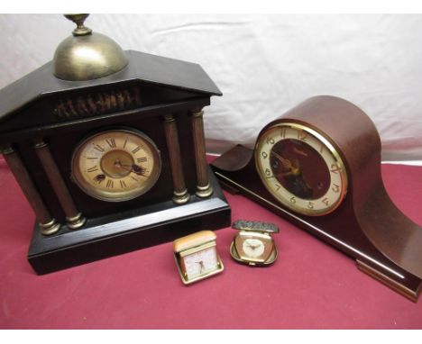 C20th ebonised architectural mantel clock, movement striking on a gong, a C20th President chiming mantel clock mahogany finis