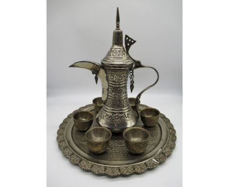 Middle Eastern silver plated coffee set comprising: Pot six cups and serving tray 