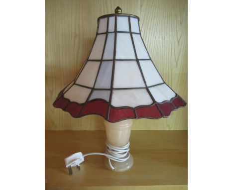Onyx table lamp with leaded glass style shade, and a pair of octagonal art deco style leaded glass shades H40cm (3) 