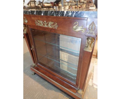 Antique Second Empire French two shelf bookcase with marble top glazed door two glass shelves mirrored interior and ornate Eg