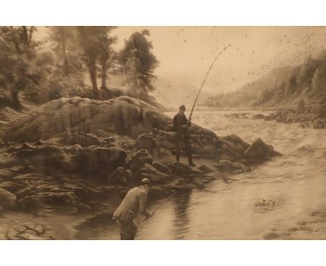 Joseph Faquharson large lithograph salmon stream fly fishing with signature and gallery blind stamp 80 x 50 cm 