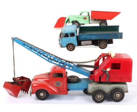 Gama tinplate Crane truck and Plough tipping lorry, W.Germany circa 1960, red and blue six-wheel crane truck with friction dr