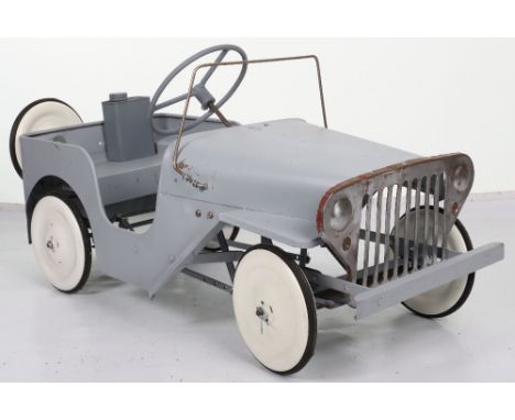 A Tri-ang pressed steel Willie’s Jeep child’s pedal car, English 1960s, re-painted in pale grey with metal steering wheel and