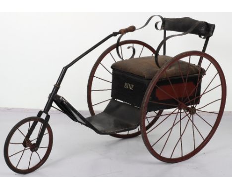 German aluminium, wood and steel three-wheel perambulator, late 19th century, with padded seat, scroll metal arm rests and pa