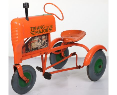 A Tri-ang pressed steel child’s pedal Tractor Major, English 1960s, painted in orange with metal steering wheel, metal funnel