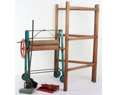 Four Tri-ang&nbsp;Household items, mangle, wooden clothes horse, tinplate/wooden handle carpet sweeper and tinplate dustpan &