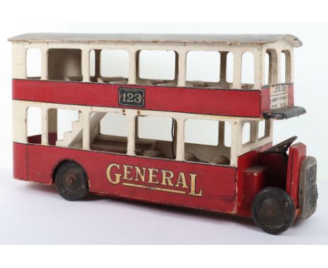 Lines Brothers wooden Double Decker General bus with electric interior light, 1920s, painted in red and cream with grey roof,