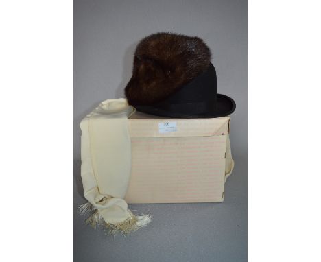 Lincoln Bennett & Co Bowler Hat, White Scarf and Fur Hat with Box 