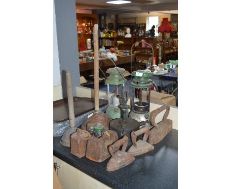 Paraffin Lamp, Copper Posers,  Iron Weights and Irons 