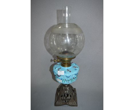 Blue Glass Metal Based Victorian Oil Lamp 
