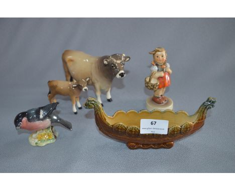 Beswick Bird, Cow and Calf, Hummel Figure and a Wade Viking Ship 