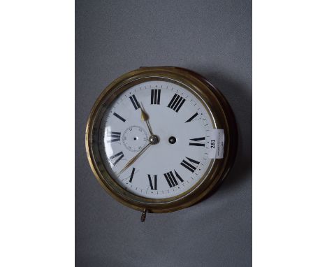 Mounted Circular Brass Ships Clock with Enamel Face 