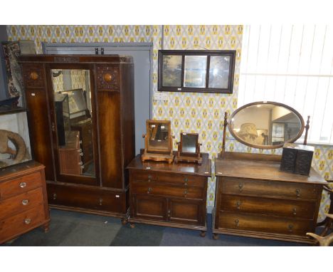 Oak Three Piece Bedroom Suite; Wardrobe, Dressing Table and Chest 