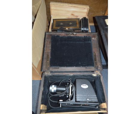 Pine Box Containing Aldis Universal Projector, Cine Camera, Cash Tin, etc. 