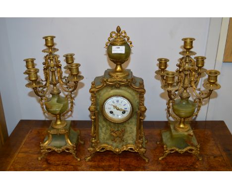 French Green Marble & Gilt Metal Garniture Clock Set Ferrey Lamy 