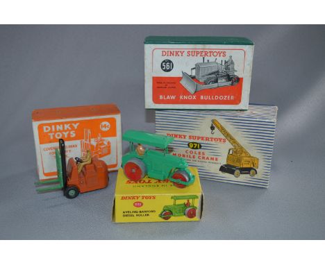 Four Boxed Dinky Toys; Cole's Mobile Crane, Bulldozer, Diesel Roller and Forklift Truck 