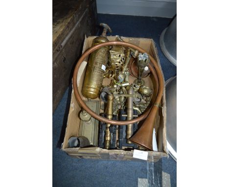 Box Containing Brassware; Hunting Horn, Fire Extinguisher, Ornaments and Canons