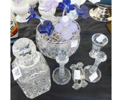 ASSORTED CRYSTAL ITEMS. Edinburgh crystal decanter, rose bowl with glass flowers, crystal knife rests and candle stick