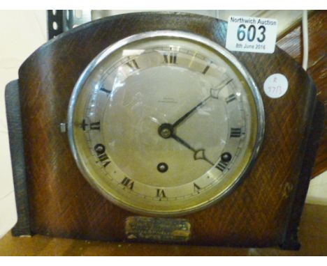 CHIMING MANTEL CLOCK. Oak Westminster chiming mantel clock by Batty, Manchester