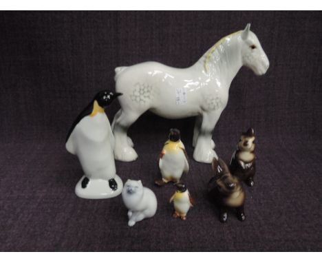 Three Beswick studies, Shire Mare, grey 818 Penguin 803, Penguin Chick 801, a Poole study, Penguin, Two Goebel studies, Rabbi