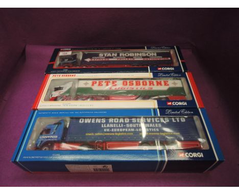 Three Corgi Limited Edition 1:50 scale diecast advertising articulated wagon, Stan Robinson CC12205, Pete Osborne Logistics C