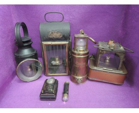 Four mixed lamps, Oldhams 900-4090, LNER (Peterboro North) hand signal lamp, BR hand lamp, vintage lamp having Wapping Liverp