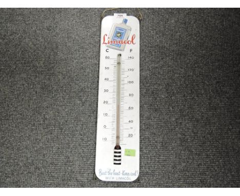 A pressed tin plate and enamel advertising sign in the form of a thermometer for Limacol 