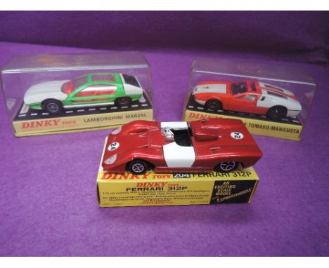 Three Dinky Toys diecasts, Ferrari 312P, boxed 204, Lamborghini Marzal, boxed 189 and De Tomaso-Mangusta, boxed 187