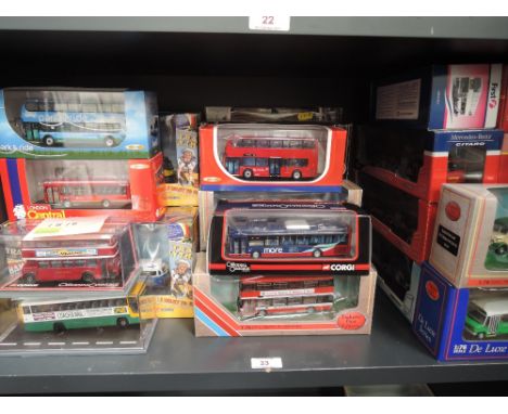 A shelf of modern Corgi and EFE diecast Buses and Trams, all boxedCONDITION REPORT22 buses and 8 trams in this lot 