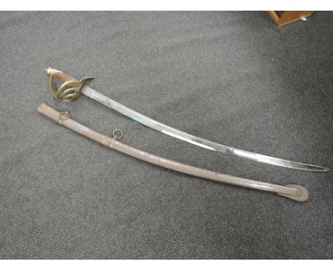 Possibly an 18th/19th century curved sword with brass and wood handle, blade thirty four inch in length with metal scabbard