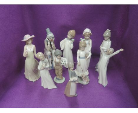 Ten Lladro, Nao and similar figurines, Girls, Boys and Clown