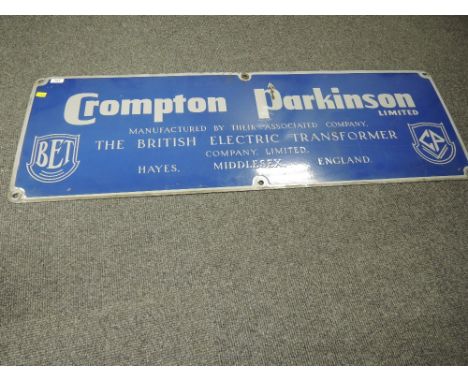 An enamel sign for Crompton Parkinson ltd British Electric Transformer possibly Railway related 