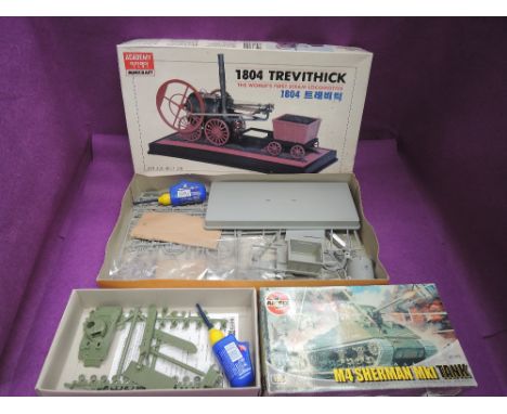 A Academy Minicraft 1:38 scale plastic kit, 1804 Trevithick and a Airfix 1:76 scale plastic kit, M4 Sherman MK1 Tank, both un