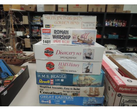 Seven mixed scale plastic kits, Airfix HMS Victory 09252, Discovery 1901 09255, Revell Great Eastern 05201, HMS Beagle 05458,