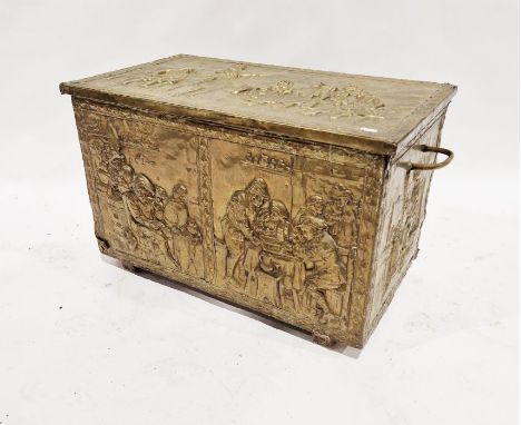 Brass-clad relief decorated pine trunk&nbsp;depicting various pub and street scenes, 44cm high x 69cm wide x 40cm deep&nbsp;&