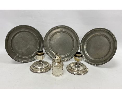 Three pewter plates, a pair of candlestick holders&nbsp;and a sauce pot&nbsp;in the form of a milk churn&nbsp;(1 box)&nbsp;