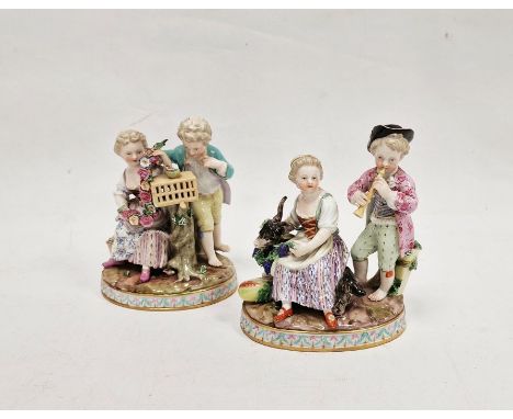 Pair of Meissen-style porcelain groups of children, one group with bird and cage, floral garland and the other harvesting gra