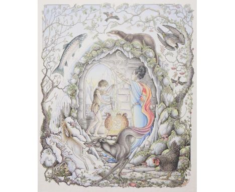 20th century illustration 'The Magic Cauldron, 1985', signed indistinctly lower right, 32.5cm x 27cm Printed description vers