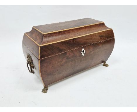 19th century mahogany sarcophagus-shaped tea caddy&nbsp;with inlaid decoration, the lid opening to reveal two compartments fo